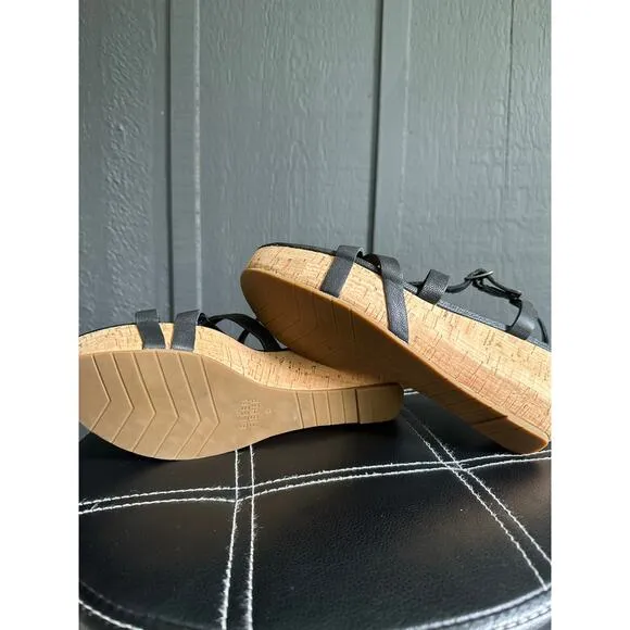 Eileen Fisher Array Black Strappy Cork Wedge Platform Sandals Size 8