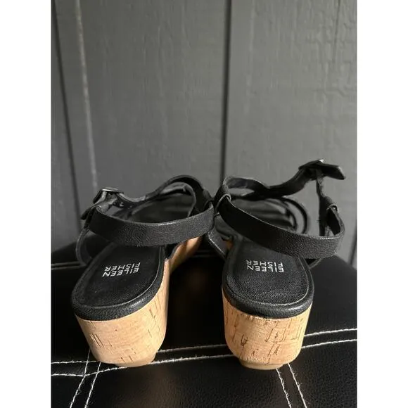 Eileen Fisher Array Black Strappy Cork Wedge Platform Sandals Size 8