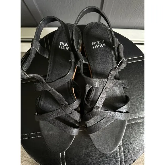 Eileen Fisher Array Black Strappy Cork Wedge Platform Sandals Size 8