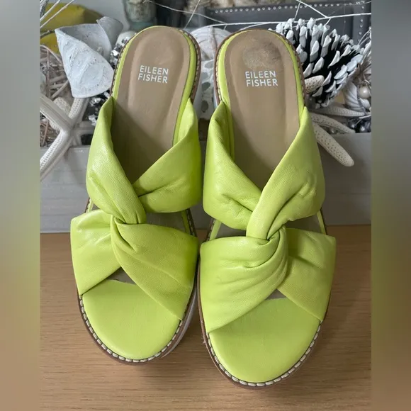 EILEEN FISHER BENE PLATFORM CITRUS LEATHER  WEDGE SANDALS SIZE 8
