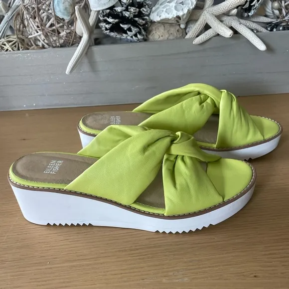 EILEEN FISHER BENE PLATFORM CITRUS LEATHER  WEDGE SANDALS SIZE 8