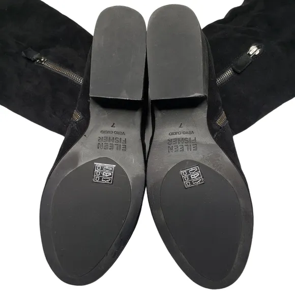 Eileen Fisher | Black Genuine Suede Leather Almond Toe Block Heel Boots Women 7