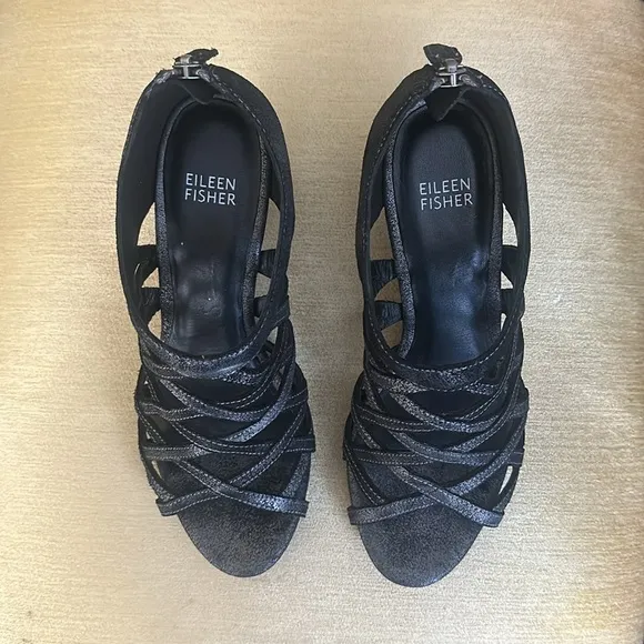 Eileen Fisher Black Metallic Leather Cage Lattice Strappy Wedge Sandals Size 7