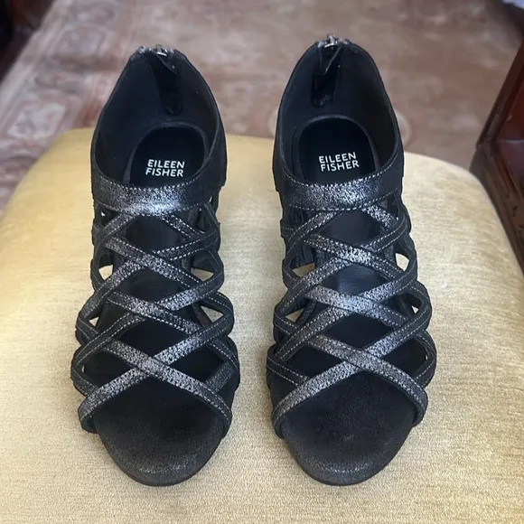 Eileen Fisher Black Metallic Leather Cage Lattice Strappy Wedge Sandals Size 7
