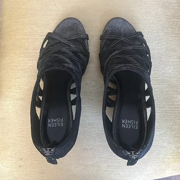 Eileen Fisher Black Metallic Leather Cage Lattice Strappy Wedge Sandals Size 7