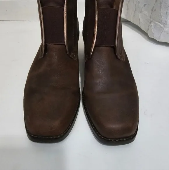 Eileen Fisher Brown Leather Slipon boots block heel Booties Square Toe Retro