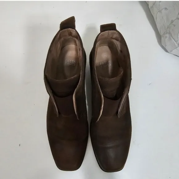Eileen Fisher Brown Leather Slipon boots block heel Booties Square Toe Retro