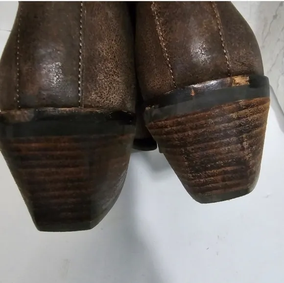 Eileen Fisher Brown Leather Slipon boots block heel Booties Square Toe Retro