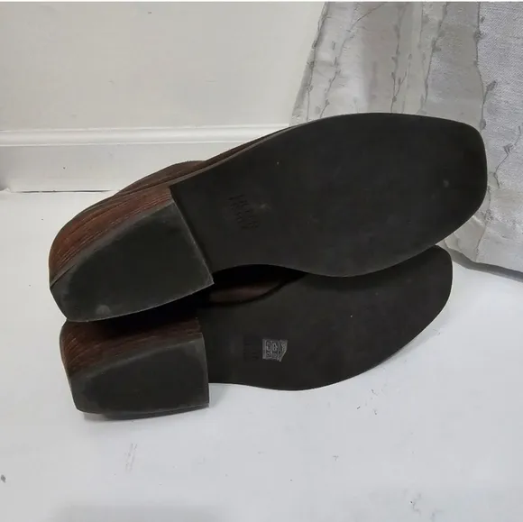 Eileen Fisher Brown Leather Slipon boots block heel Booties Square Toe Retro