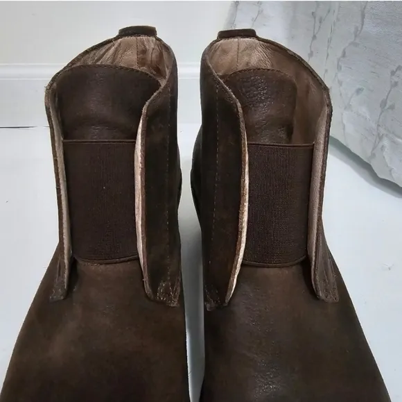Eileen Fisher Brown Leather Slipon boots block heel Booties Square Toe Retro