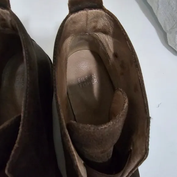 Eileen Fisher Brown Leather Slipon boots block heel Booties Square Toe Retro