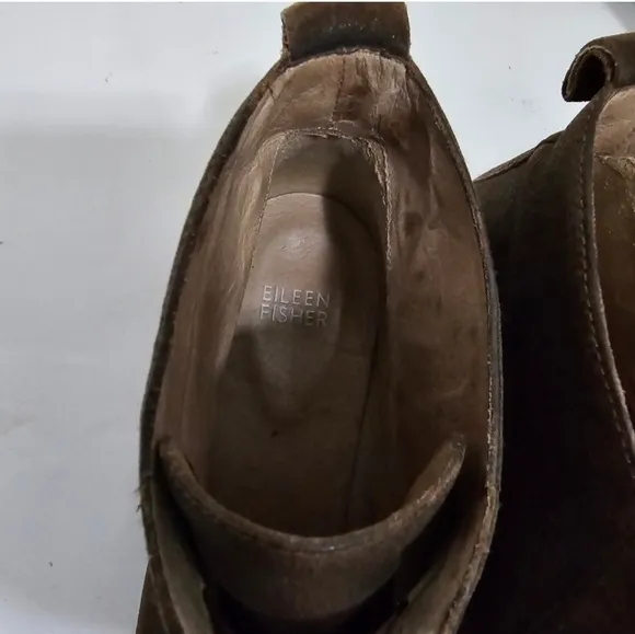 Eileen Fisher Brown Leather Slipon boots block heel Booties Square Toe Retro