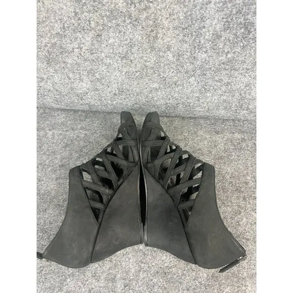 Eileen Fisher Caged Wedge Sandals Women's 7.5 Black Suede Lattice Back Zipper