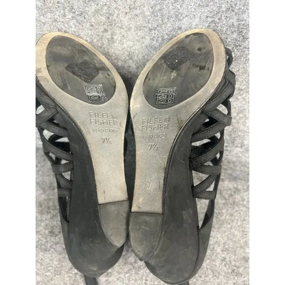 Eileen Fisher Caged Wedge Sandals Women's 7.5 Black Suede Lattice Back Zipper