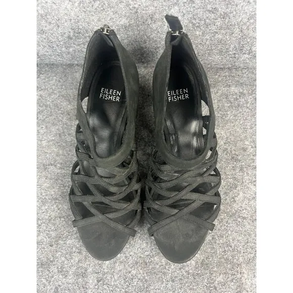Eileen Fisher Caged Wedge Sandals Women's 7.5 Black Suede Lattice Back Zipper