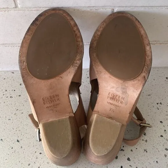 Eileen Fisher Glance Sand Leather Slingback Sandals Block Heel Women’s Size 7.5M