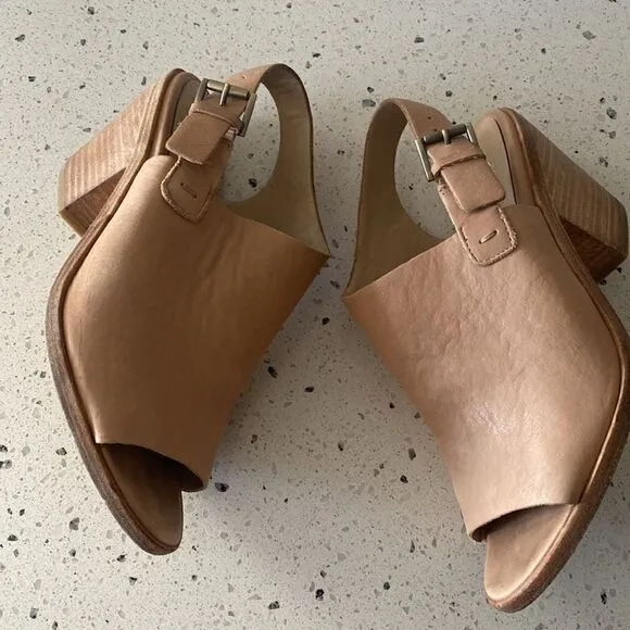 Eileen Fisher Glance Sand Leather Slingback Sandals Block Heel Women’s Size 7.5M
