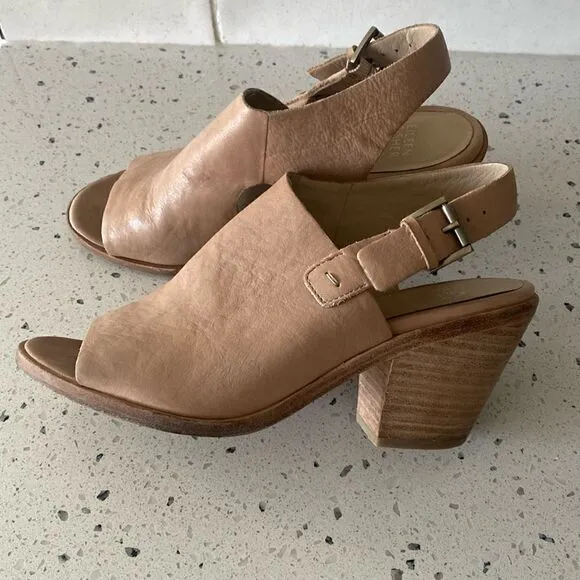 Eileen Fisher Glance Sand Leather Slingback Sandals Block Heel Women’s Size 7.5M