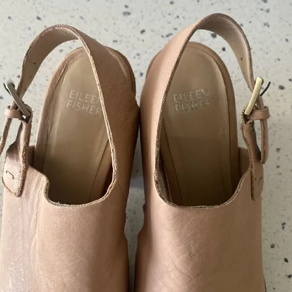 Eileen Fisher Glance Sand Leather Slingback Sandals Block Heel Women’s Size 7.5M