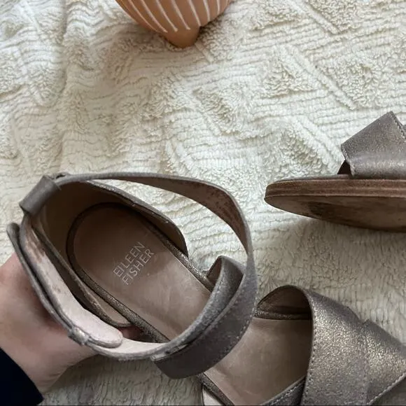 Eileen Fisher Kirby Metallic Leather Strappy Block Heel Sandals