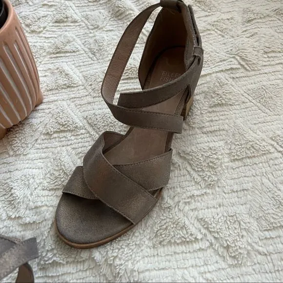 Eileen Fisher Kirby Metallic Leather Strappy Block Heel Sandals