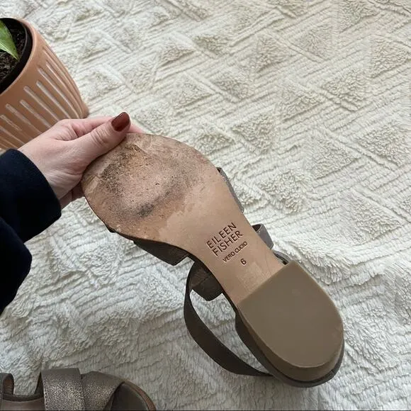 Eileen Fisher Kirby Metallic Leather Strappy Block Heel Sandals