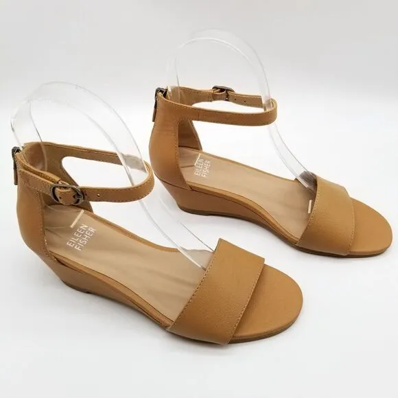 Eileen Fisher Women Small Wedge Sandals Size 10 Beige Leather Ankle Strap