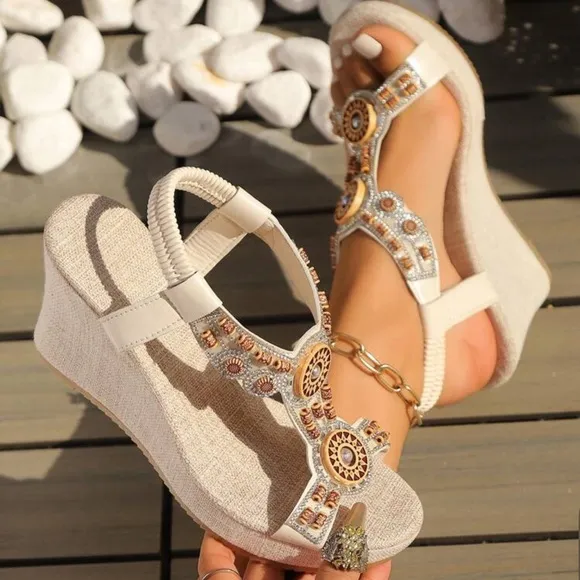 Elegant Bohemian White Beaded Wedge Sandals with hard sole, non-slip