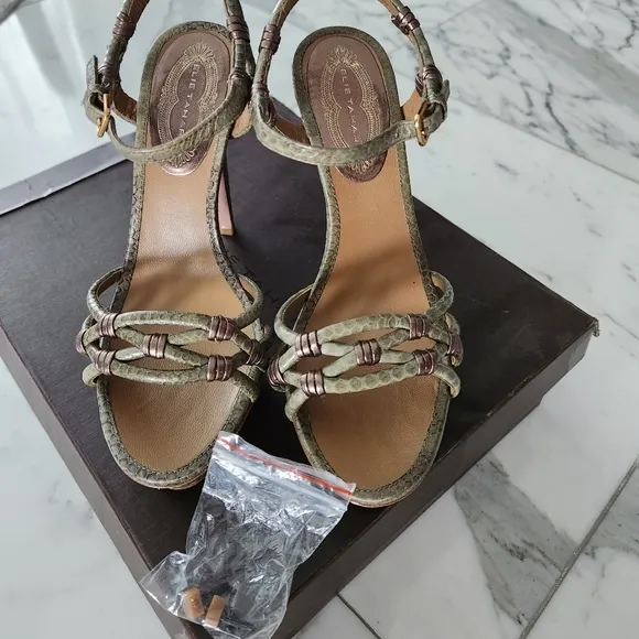 Elie Tahari Real Snakeskin Heeled Sandal Pumps Khaki