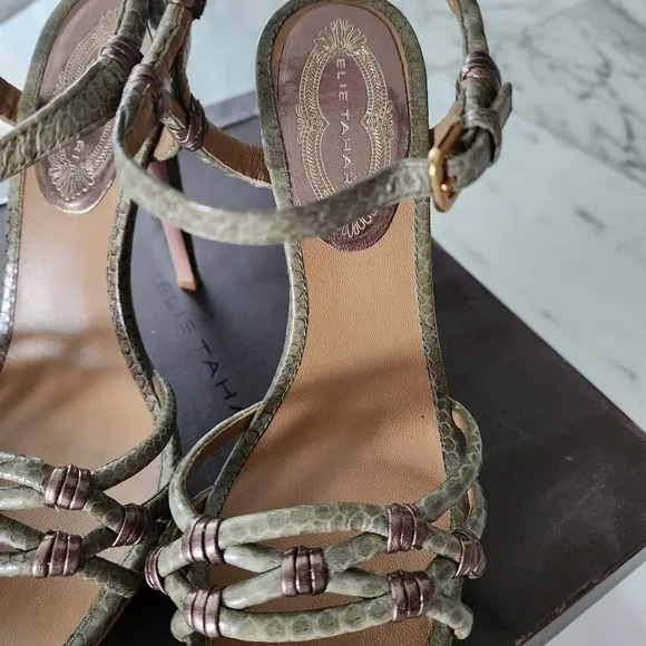 Elie Tahari Real Snakeskin Heeled Sandal Pumps Khaki