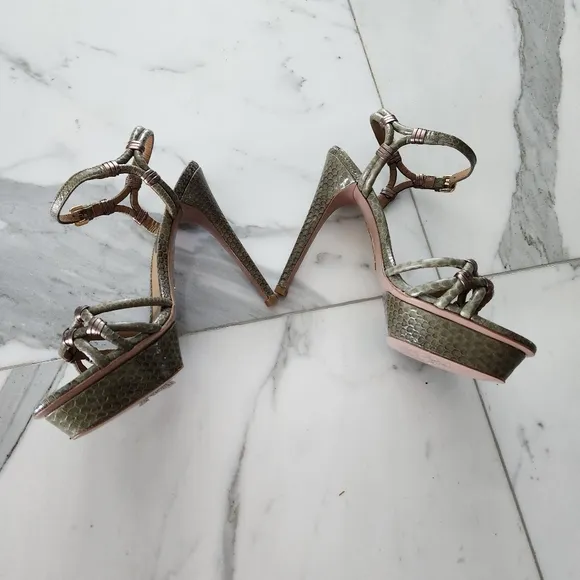 Elie Tahari Real Snakeskin Heeled Sandal Pumps Khaki