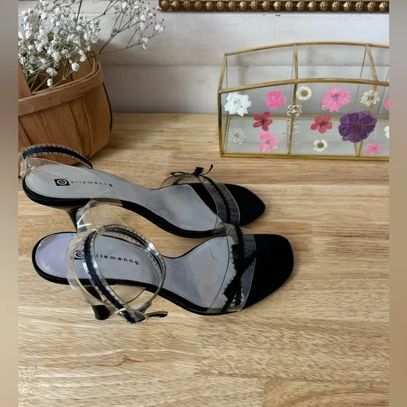 Ellemenno Y2K Clear Plastic Black Ribbon Kitten Heel Sandals Women’s Size 7.5