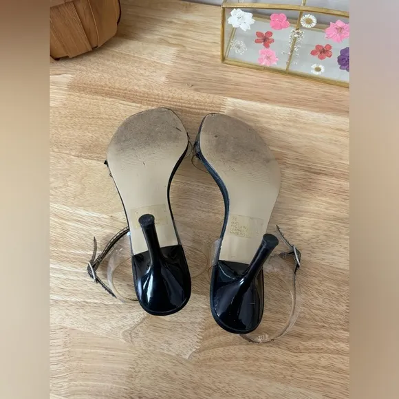 Ellemenno Y2K Clear Plastic Black Ribbon Kitten Heel Sandals Women’s Size 7.5