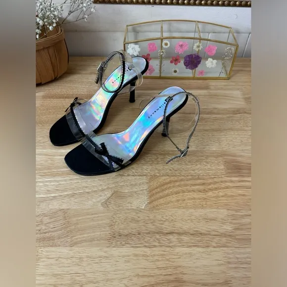 Ellemenno Y2K Clear Plastic Black Ribbon Kitten Heel Sandals Women’s Size 7.5