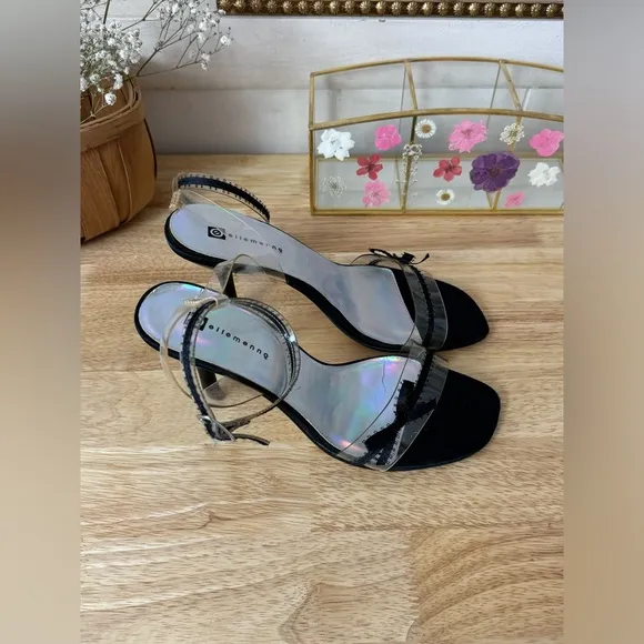 Ellemenno Y2K Clear Plastic Black Ribbon Kitten Heel Sandals Women’s Size 7.5