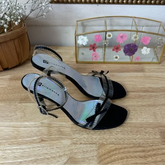 Ellemenno Y2K Clear Plastic Black Ribbon Kitten Heel Sandals Women’s Size 7.5