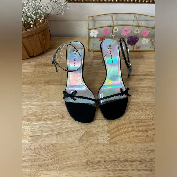 Ellemenno Y2K Clear Plastic Black Ribbon Kitten Heel Sandals Women’s Size 7.5