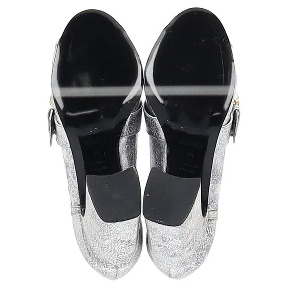 Erdem Peep Toe Block Heel Sandals in Silver Leather