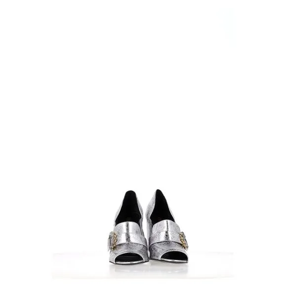 Erdem Peep Toe Block Heel Sandals in Silver Leather