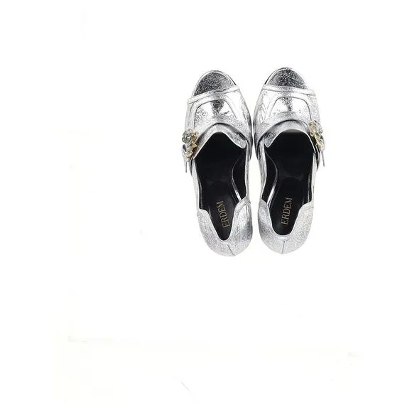 Erdem Peep Toe Block Heel Sandals in Silver Leather