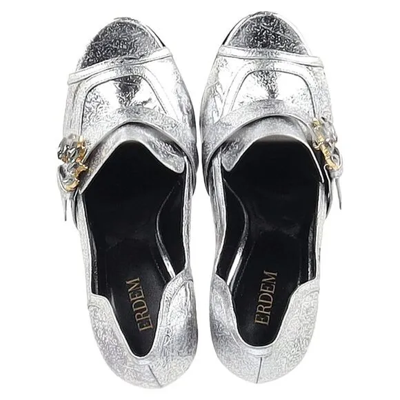Erdem Peep Toe Block Heel Sandals in Silver Leather