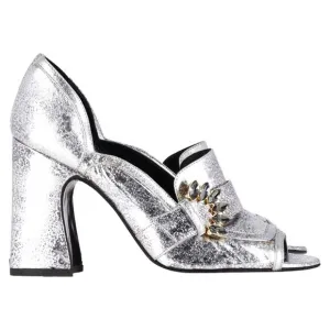 Erdem Peep Toe Block Heel Sandals in Silver Leather