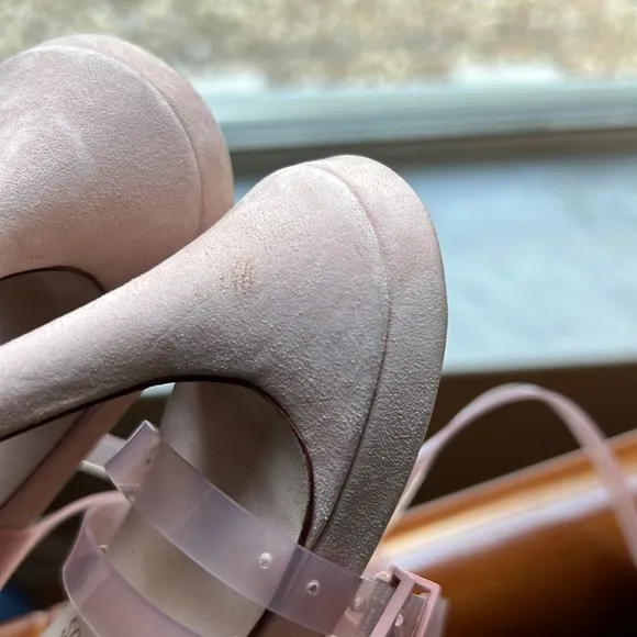 Eryka Sweet Rose Vinyl and Leather Ankle Strap High Heel Sandals.