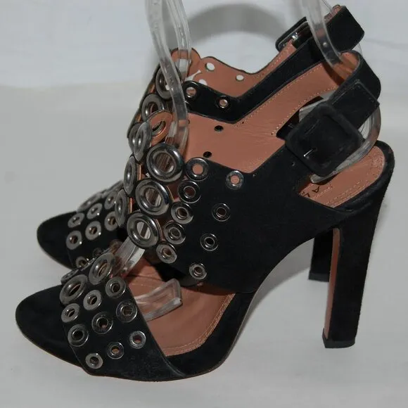 EU37/US 7❤️ALAIA Black real Suede Leather Silver Eyelet High Heel Sandals ITALY