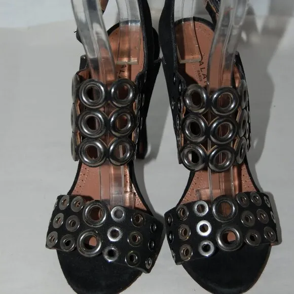 EU37/US 7❤️ALAIA Black real Suede Leather Silver Eyelet High Heel Sandals ITALY