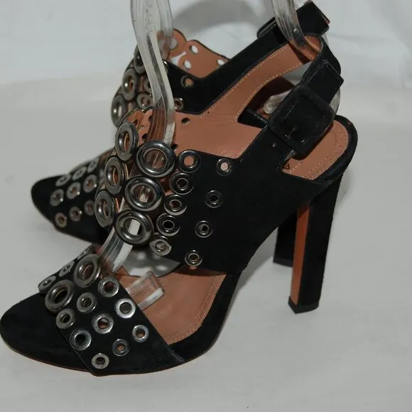 EU37/US 7❤️ALAIA Black real Suede Leather Silver Eyelet High Heel Sandals ITALY