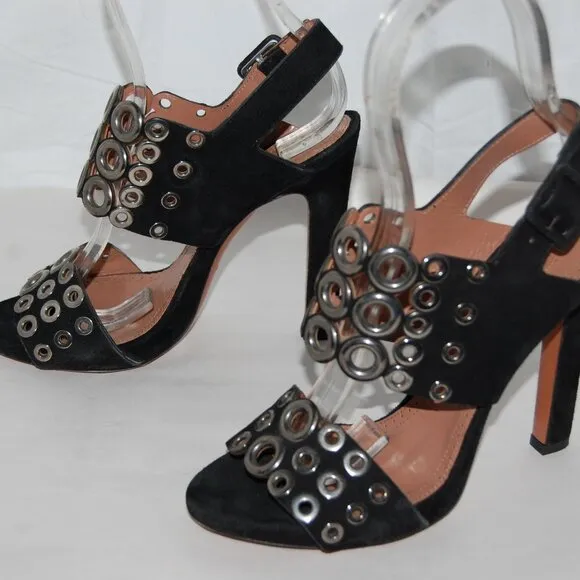 EU37/US 7❤️ALAIA Black real Suede Leather Silver Eyelet High Heel Sandals ITALY