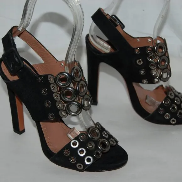 EU37/US 7❤️ALAIA Black real Suede Leather Silver Eyelet High Heel Sandals ITALY
