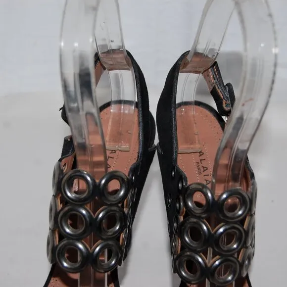 EU37/US 7❤️ALAIA Black real Suede Leather Silver Eyelet High Heel Sandals ITALY