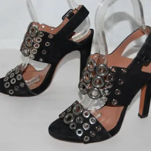 EU37/US 7❤️ALAIA Black real Suede Leather Silver Eyelet High Heel Sandals ITALY
